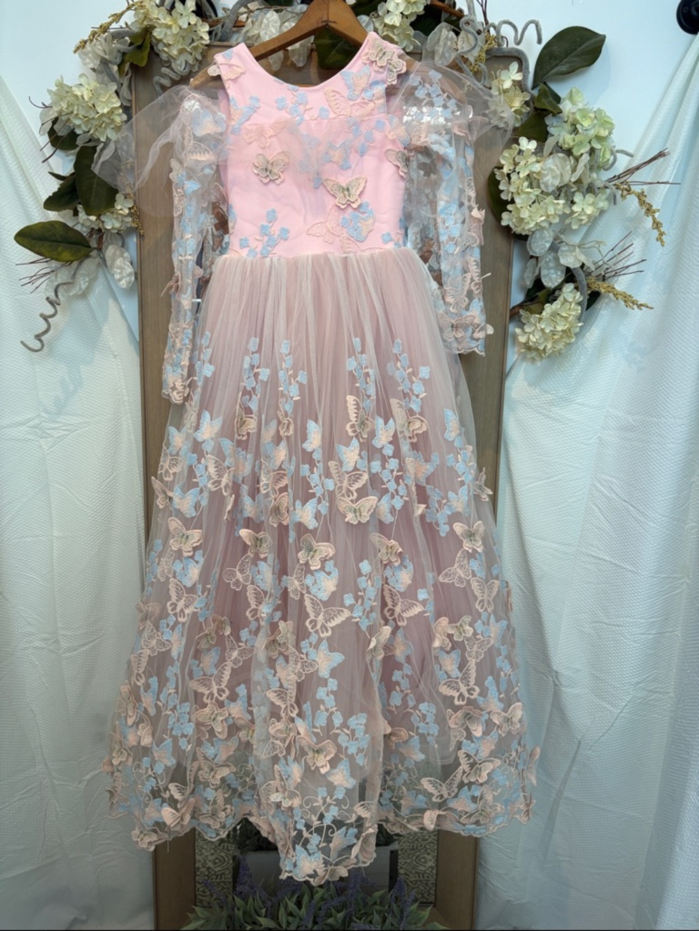 Ostrowska couture Pink Butterfly Embroidered Tulle Kids Dress